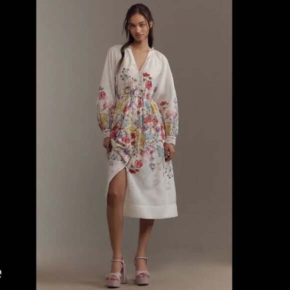 Brand New by Anthropologie Let Me Be Long-Sleeve V-Neck Floral A-Line Mi… - Picture 1 of 11